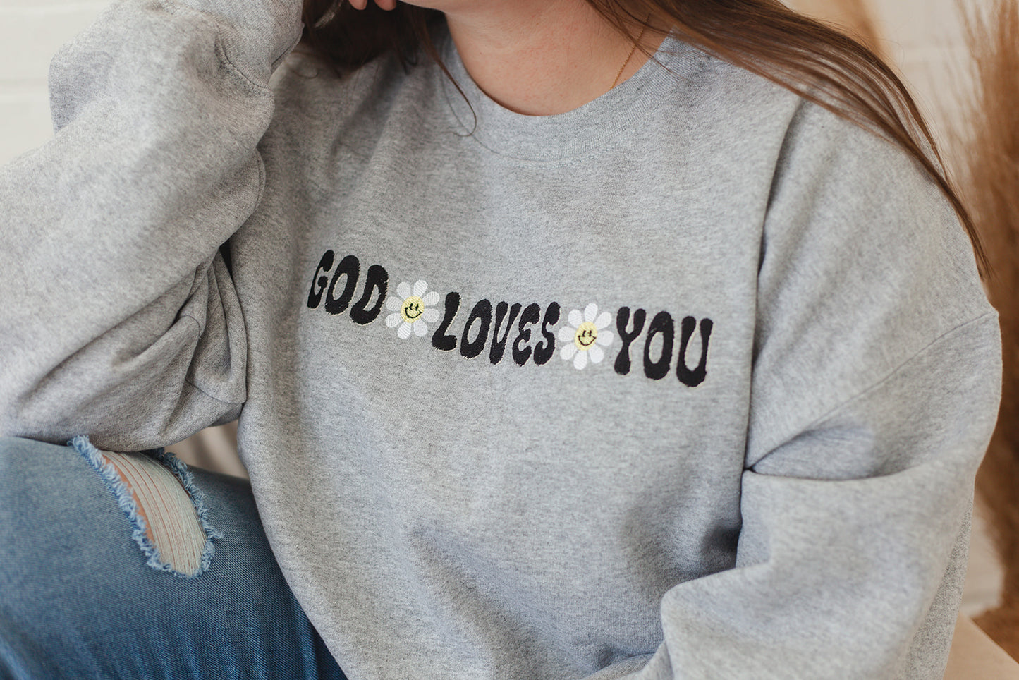 God Loves You Embroidery Sweatshirt